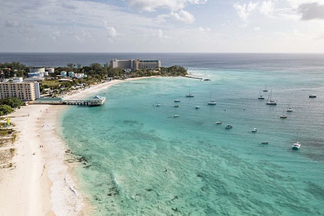 Aerial photo of Carlisle Bay and its beaches along the shore of Barbados.